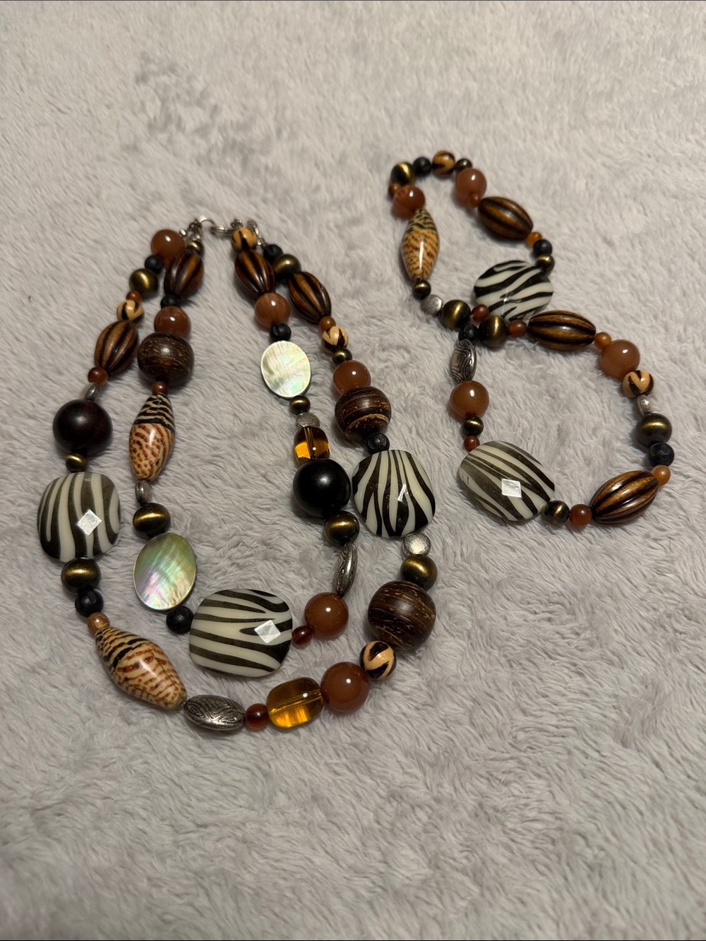 Premier Designs Zebra-Accent Brown and Black Bead Necklace & Bracelet Set